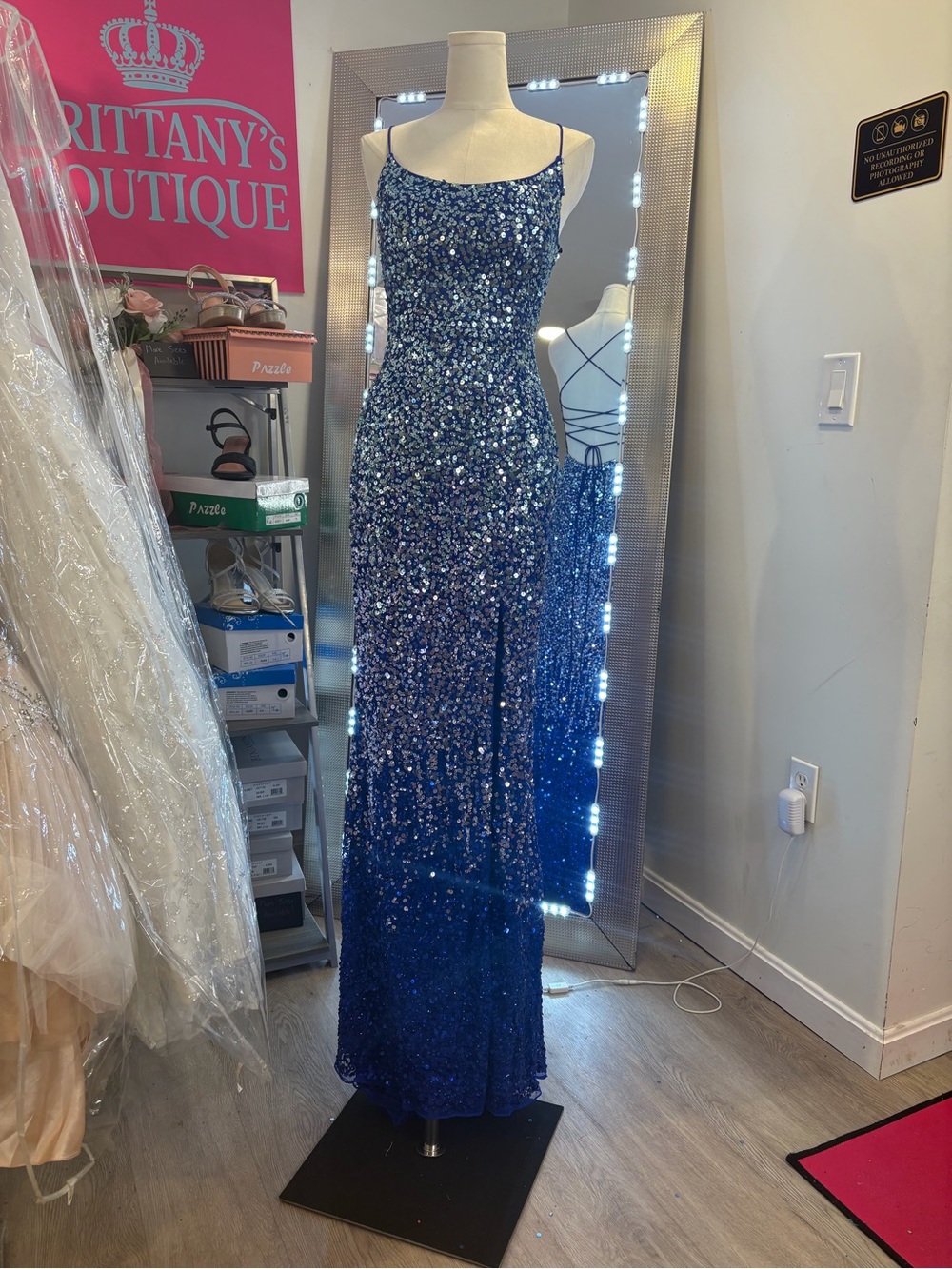 Primavera Couture Sequin Navy Blue Spaghetti-Strap Prom Gown